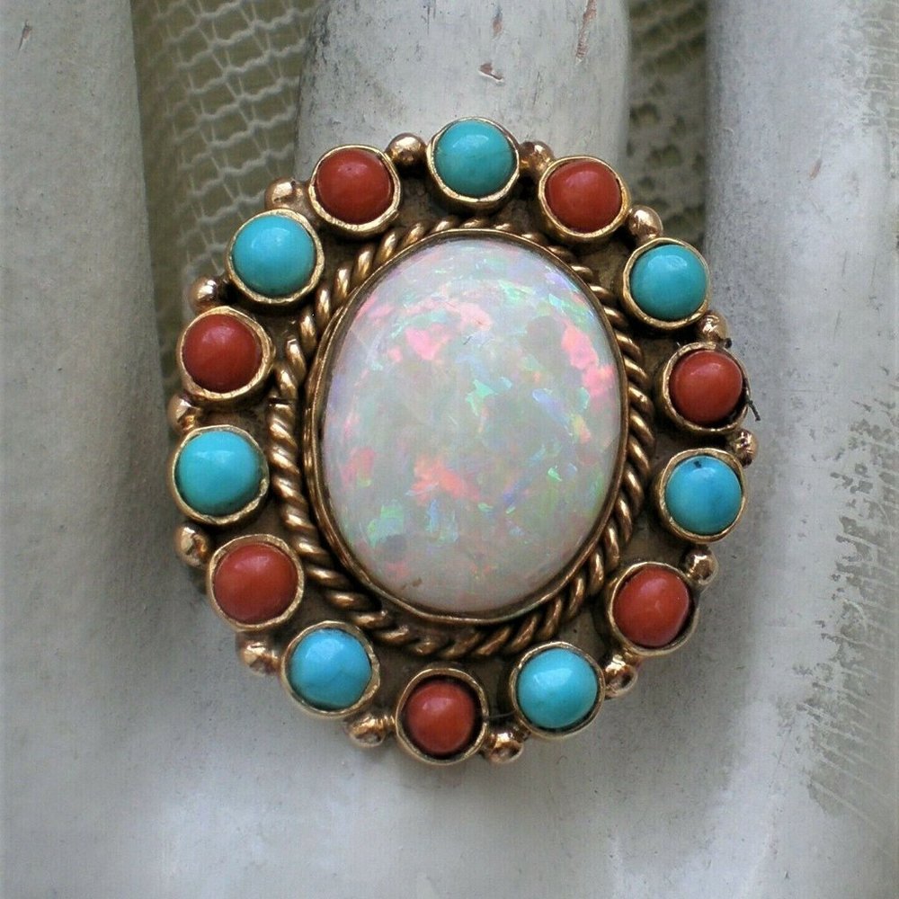 Southwestern ELIAS MARTINEZ 14K Yellow Gold Opal Turquoise Red Coral Ring 14.5 g